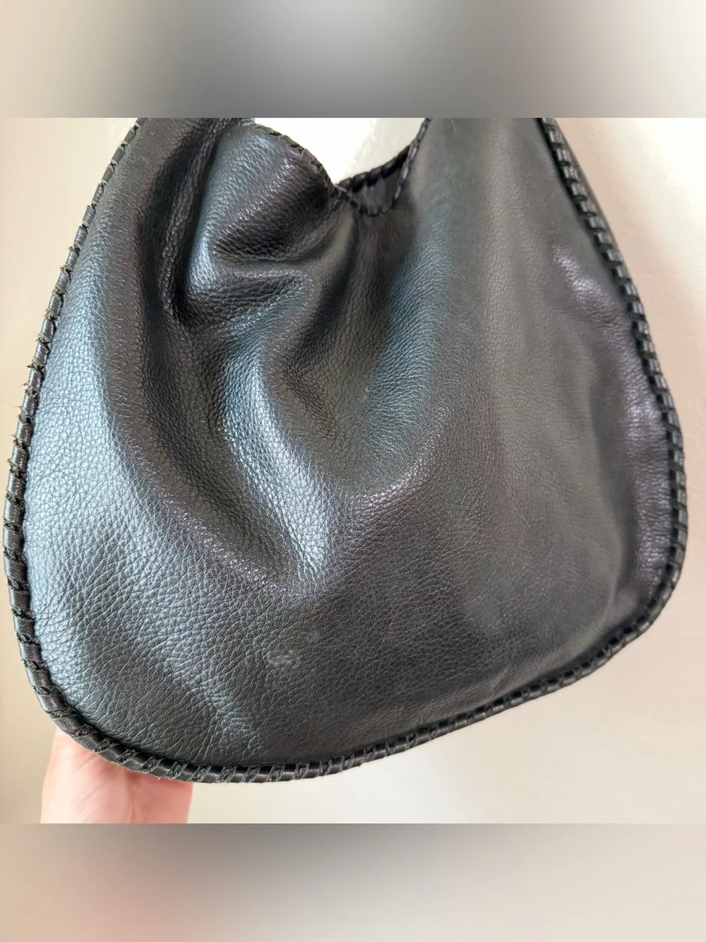 Margot NY Black Pebble Leather Slouchy Hobo Bag Braided Whipstitch Boho Tote